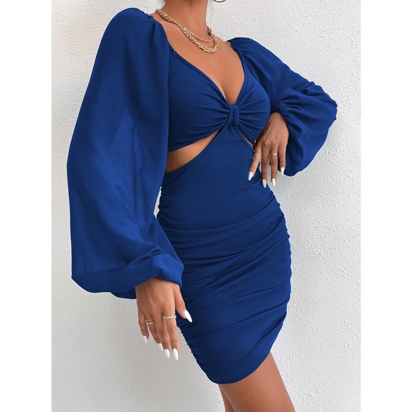 Lantern Sleeve long sleeve Cut Out Bodycon Dress boho dark green - Picture 4 of 8